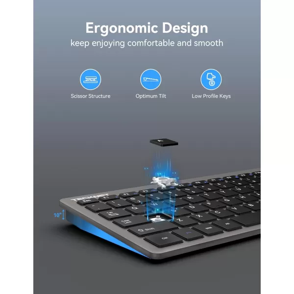 TECKNET 24G Wireless Keyboard Small Wireless Keyboard with Media Hotkeys Ultra Slim Compact Wireless Keyboard 12Month Battery Life Compatible with PC Desktop Laptop Smart TV  BlackGrey