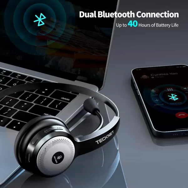 TECKNET Bluetooth 50 Headset with Microphone for PC USB Wireless Headset with Mic for Work 40Hrs Worktime AI Noise Cancelling On Ear Bluetooth Headphones with Charging Base for LaptopCall Center
