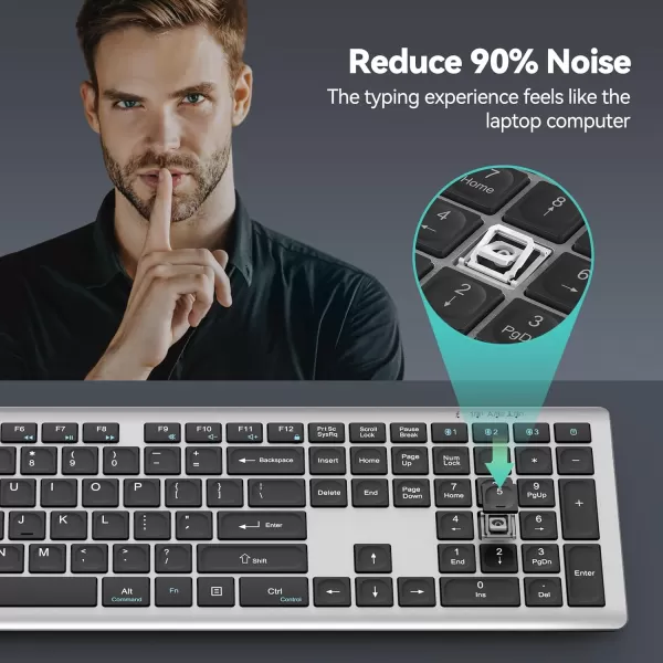 TECKNET Bluetooth Keyboard Rechargeable 4Device Free Switching 24GBT UltraSlim Full Size Wireless Keyboard Quiet Typing for PCLaptopSmart TVPhone Adjustable Stand 12 Multimedia KeysGray