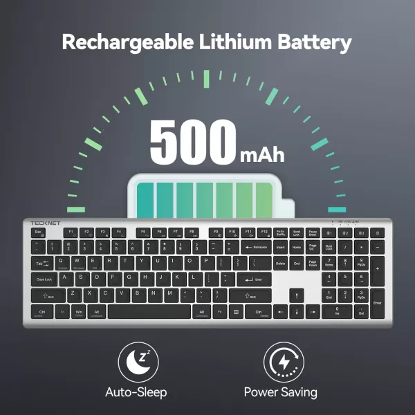 TECKNET Bluetooth Keyboard Rechargeable 4Device Free Switching 24GBT UltraSlim Full Size Wireless Keyboard Quiet Typing for PCLaptopSmart TVPhone Adjustable Stand 12 Multimedia KeysGray