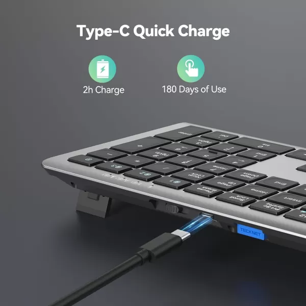 TECKNET Bluetooth Keyboard Rechargeable 4Device Free Switching 24GBT UltraSlim Full Size Wireless Keyboard Quiet Typing for PCLaptopSmart TVPhone Adjustable Stand 12 Multimedia KeysGray