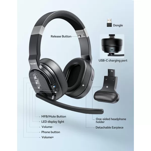 TECKNET Bluetooth Trucker Headset Single and Dual Ear Wireless Headset with Mic for Work Noise Cancelling 50Hrs 3 EQ Music Modes Trucker Bluetooth Headset for PC Drivers Office Call Center WorkSimple Configuration