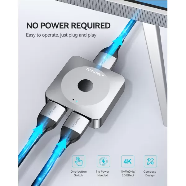 TECKNET HDMI Switch 4k60hz Splitter Aluminum Bidirectional HDMI Switcher 2 in 1 Out Manual HDMI Hub Supports HD Compatible with Xbox PS543 BluRay Player Fire Stick RokuCable is not Included