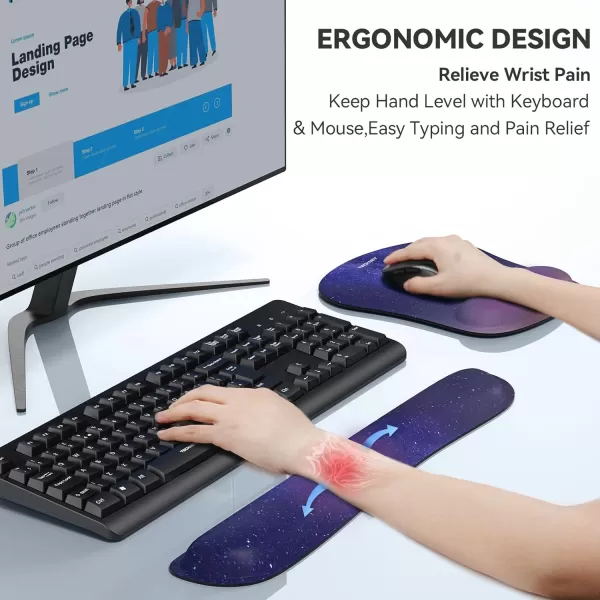 TECKNET Keyboard Wrist Rest and Mouse Pad with Wrist Support Memory Foam Set for ComputerLaptopMac Lightweight for Easy Typing ampamp Pain Relief Ergonomic Mousepad BlackDark Purple Galaxy