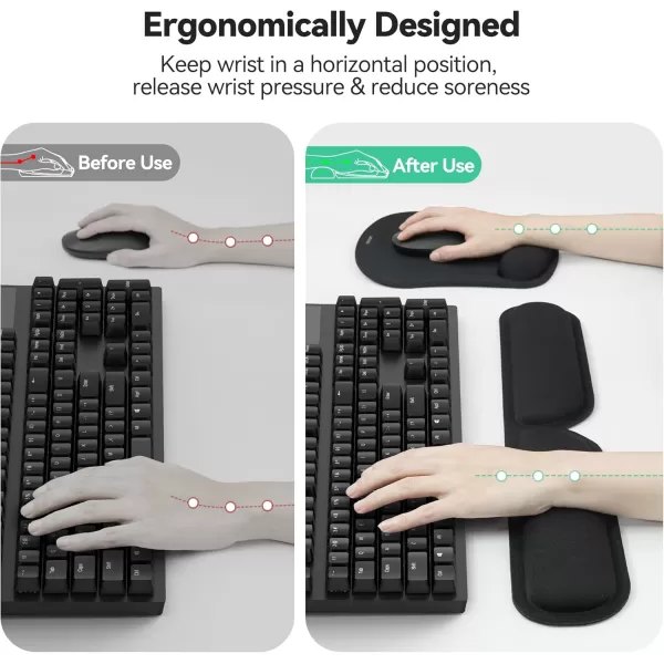 TECKNET Keyboard Wrist Rest and Mouse Pad with Wrist Support Memory Foam Set for ComputerLaptopMac Lightweight for Easy Typing ampamp Pain Relief Ergonomic Mousepad Black