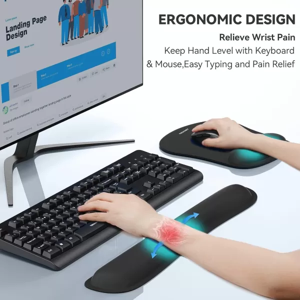 TECKNET Keyboard Wrist Rest and Mouse Pad with Wrist Support Memory Foam Set for ComputerLaptopMac Lightweight for Easy Typing ampamp Pain Relief Ergonomic Mousepad BlackBlack