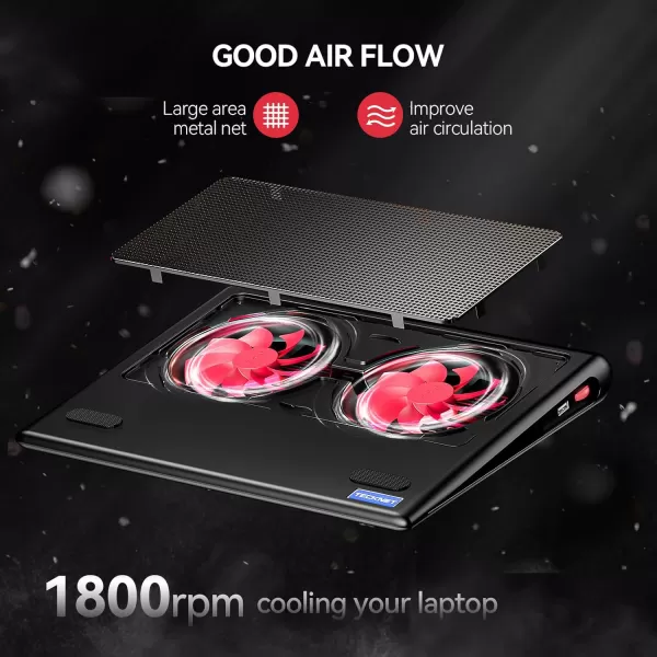 TECKNET Laptop Cooling Pad 12quot156quot Laptop Cooler Gaming Laptop Cooling Stand Wind Speed Adjustable 2 USB Powered Laptop Fan Cooling Pad for Laptop Within 16 Inch BlueRed