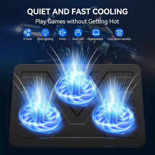 TECKNET Laptop Cooling Pad Portable Slim Quiet USB Powered Laptop Notebook Cooler Cooling Pad Stand Chill Mat with 3 Blue LED Fans Fits 1217 Inches BlackBlack