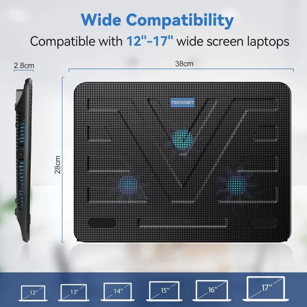 TECKNET Laptop Cooling Pad Portable Slim Quiet USB Powered Laptop Notebook Cooler Cooling Pad Stand Chill Mat with 3 Blue LED Fans Fits 1217 Inches BlackBlack