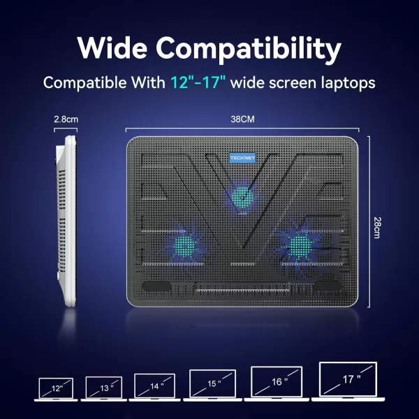 TECKNET Laptop Cooling Pad Portable Slim Quiet USB Powered Laptop Notebook Cooler Cooling Pad Stand Chill Mat with 3 Blue LED Fans Fits 1217 Inches BlackECP01008WA01