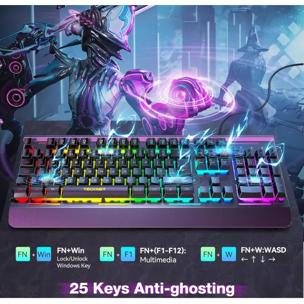 TECKNET RGB Gaming Keyboard 105 Keys AllMetal Panel 15Zone RGB Illumination Silent Keyboard with Wrist Rest 25 Antighosting Keys IP32 Water Resistance USB Wired Keyboard for PC Mac LaptopBlack