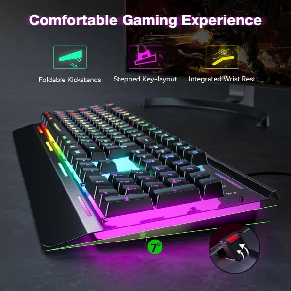 TECKNET RGB Gaming Keyboard 105 Keys AllMetal Panel 15Zone RGB Illumination Silent Keyboard with Wrist Rest 25 Antighosting Keys IP32 Water Resistance USB Wired Keyboard for PC Mac LaptopBlack