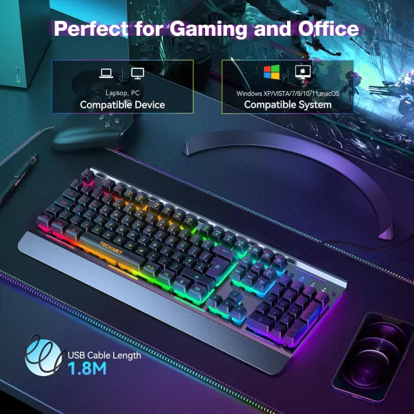 TECKNET RGB Gaming Keyboard 105 Keys AllMetal Panel 15Zone RGB Illumination Silent Keyboard with Wrist Rest 25 Antighosting Keys IP32 Water Resistance USB Wired Keyboard for PC Mac LaptopBlack