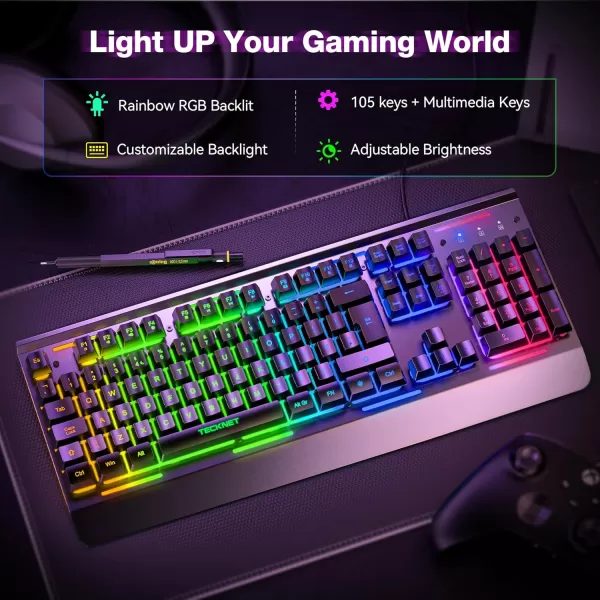 TECKNET RGB Gaming Keyboard 105 Keys AllMetal Panel 15Zone RGB Illumination Silent Keyboard with Wrist Rest 25 Antighosting Keys IP32 Water Resistance USB Wired Keyboard for PC Mac LaptopBlack
