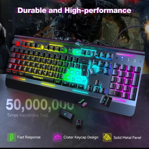 TECKNET RGB Gaming Keyboard 105 Keys AllMetal Panel 15Zone RGB Illumination Silent Keyboard with Wrist Rest 25 Antighosting Keys IP32 Water Resistance USB Wired Keyboard for PC Mac LaptopBlack