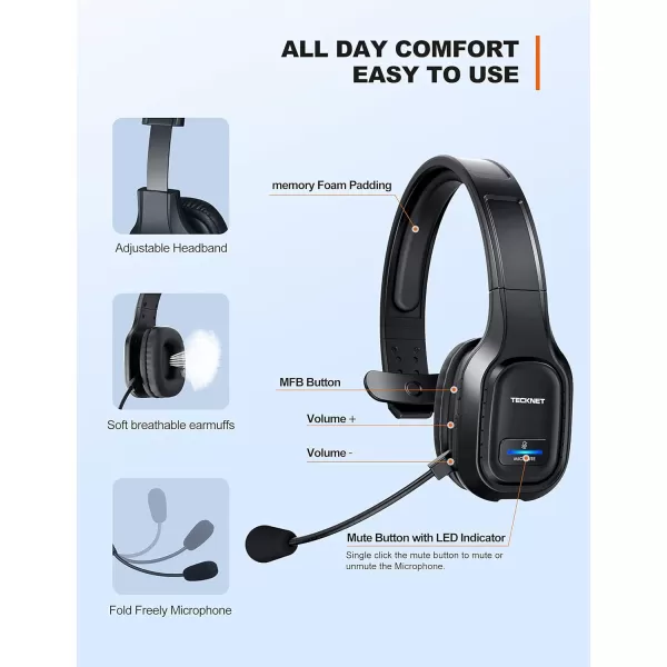 TECKNET Trucker Bluetooth Headphones with Microphone Noise Canceling Wireless On Ear Headset Hands Free Wireless Headset for Cell Phone Computer Office Home Call Center Skype BlackLuxury Configuration