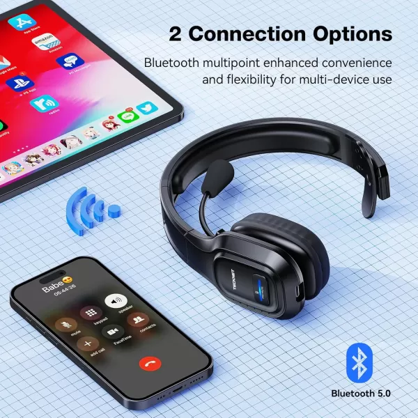 TECKNET Trucker Bluetooth Headphones with Microphone Noise Canceling Wireless On Ear Headset Hands Free Wireless Headset for Cell Phone Computer Office Home Call Center Skype BlackSimple Connfiguration
