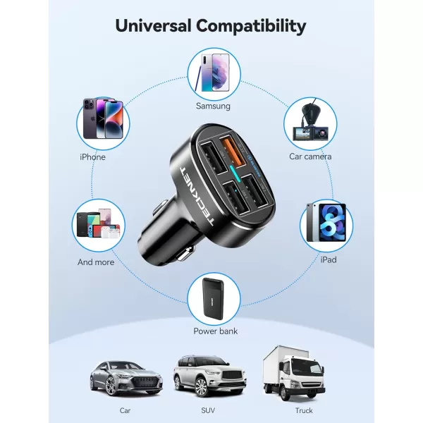 TECKNET USB Car Charger 54W 4Port Car USB Charger Multi Port Adapter QC 30 Port Cigarette Lighter Charger Fast Charging Adapter Compatible with iPhone 15 Pro Max15 Plus151413 GalaxyDark Black