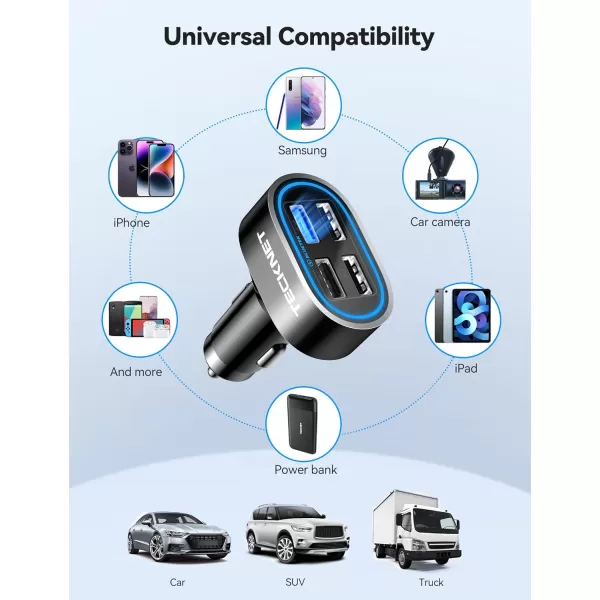 TECKNET USB Car Charger 54W 4Port Car USB Charger Multi Port Adapter QC 30 Port Cigarette Lighter Charger Fast Charging Adapter Compatible with iPhone 15 Pro Max15 Plus151413 GalaxyBlack