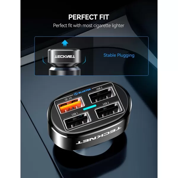 TECKNET USB Car Charger 54W 4Port Car USB Charger Multi Port Adapter QC 30 Port Cigarette Lighter Charger Fast Charging Adapter Compatible with iPhone 15 Pro Max15 Plus151413 GalaxyDark Black