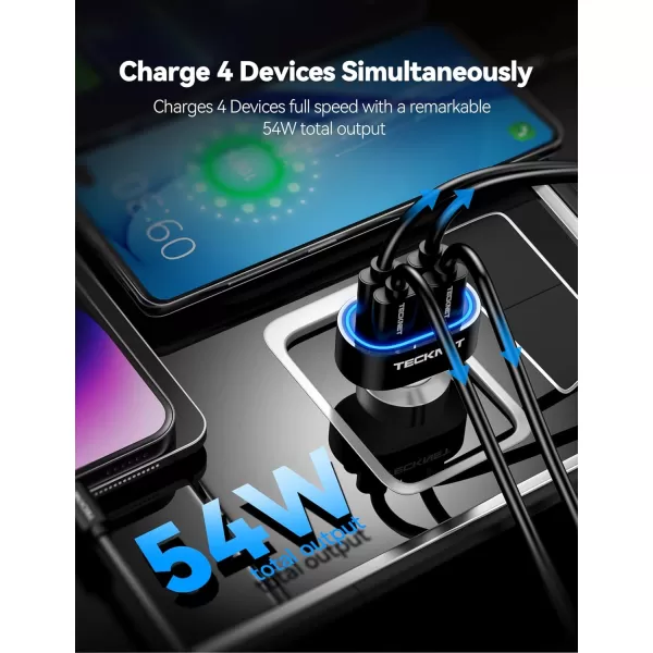 TECKNET USB Car Charger 54W 4Port Car USB Charger Multi Port Adapter QC 30 Port Cigarette Lighter Charger Fast Charging Adapter Compatible with iPhone 15 Pro Max15 Plus151413 GalaxyBlack