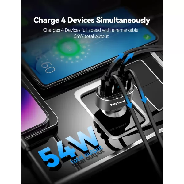 TECKNET USB Car Charger 54W 4Port Car USB Charger Multi Port Adapter QC 30 Port Cigarette Lighter Charger Fast Charging Adapter Compatible with iPhone 15 Pro Max15 Plus151413 GalaxyDark Black