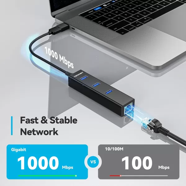 TECKNET USB to Ethernet Adapter USB C to Ethernet Aluminum 3 Port USB 30 Hub with RJ45 101001000 Gigabit Ethernet Adapter Converter LAN Wired USB Network Adapter with USB C for Laptop
