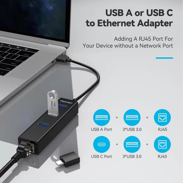 TECKNET USB to Ethernet Adapter USB C to Ethernet Aluminum 3 Port USB 30 Hub with RJ45 101001000 Gigabit Ethernet Adapter Converter LAN Wired USB Network Adapter with USB C for Laptop