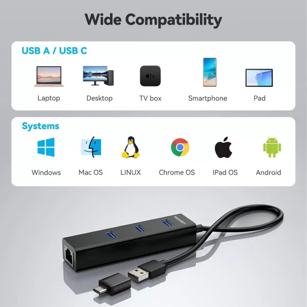 TECKNET USB to Ethernet Adapter USB C to Ethernet Aluminum 3 Port USB 30 Hub with RJ45 101001000 Gigabit Ethernet Adapter Converter LAN Wired USB Network Adapter with USB C for Laptop