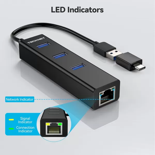 TECKNET USB to Ethernet Adapter USB C to Ethernet Aluminum 3 Port USB 30 Hub with RJ45 101001000 Gigabit Ethernet Adapter Converter LAN Wired USB Network Adapter with USB C for Laptop