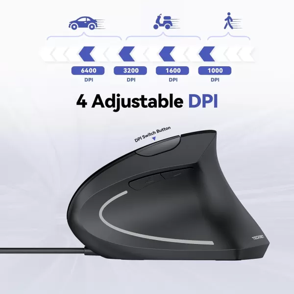 TECKNET Wired Mouse 6400 DPI Ergonomic Mouse 6 Buttons Silent Mouse 4 Adjustable DPI Vertical Mouse Compatible with WindowsChromeLaptopComputerBlack