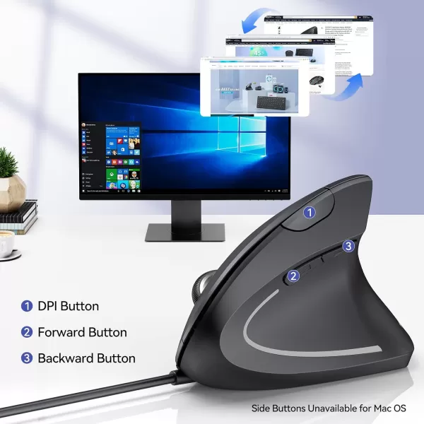 TECKNET Wired Mouse 6400 DPI Ergonomic Mouse 6 Buttons Silent Mouse 4 Adjustable DPI Vertical Mouse Compatible with WindowsChromeLaptopComputerBlack