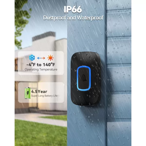 TECKNET Wireless Doorbell Plug and Play IP66 Waterproof Doorbell with RGB Light 1300ft Door Bell Kit 60 Chimes ampamp 5 Level Volume 45 Years Using Time Cordless Doorbell for Classroom HomeBlack