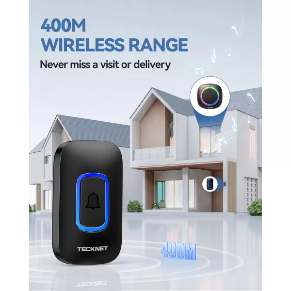 TECKNET Wireless Doorbell Plug and Play IP66 Waterproof Doorbell with RGB Light 1300ft Door Bell Kit 60 Chimes ampamp 5 Level Volume 45 Years Using Time Cordless Doorbell for Classroom HomeBlack