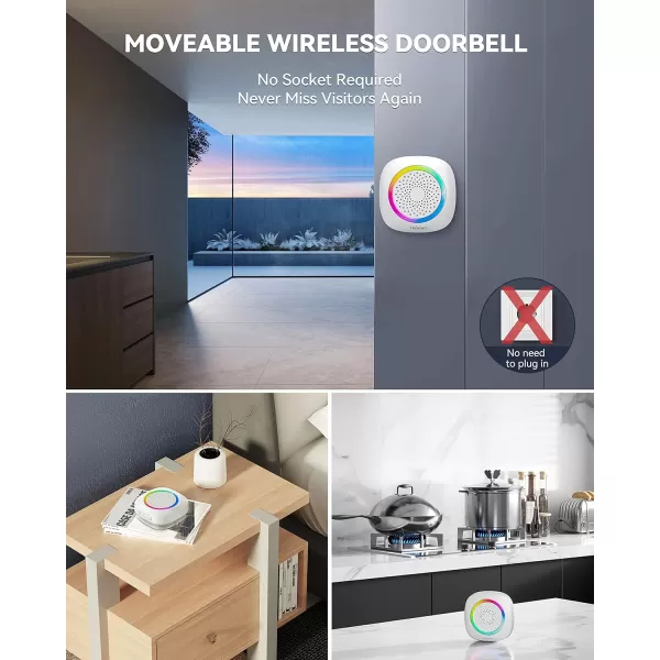TECKNET Wireless Doorbell Portable Doorbell with RGB Light Battery Powered IP66 Waterproof Cordless Door Chime Kit 1300 ft Wireless Range 60 Chimes ampamp 5 Level Volume Using Time up to 45 Yearswhite