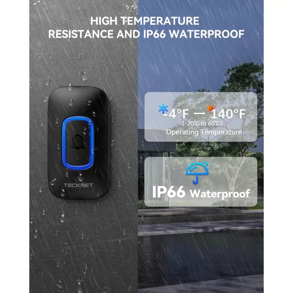 TECKNET Wireless Doorbell Portable Doorbell with RGB Light Battery Powered IP66 Waterproof Cordless Door Chime Kit 1300 ft Wireless Range 60 Chimes ampamp 5 Level Volume Using Time up to 45 Yearsblack
