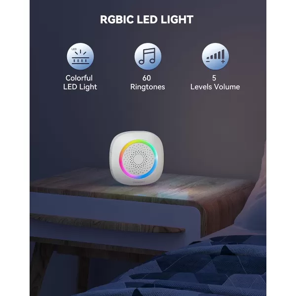 TECKNET Wireless Doorbell Portable Doorbell with RGB Light Battery Powered IP66 Waterproof Cordless Door Chime Kit 1300 ft Wireless Range 60 Chimes ampamp 5 Level Volume Using Time up to 45 Yearswhite