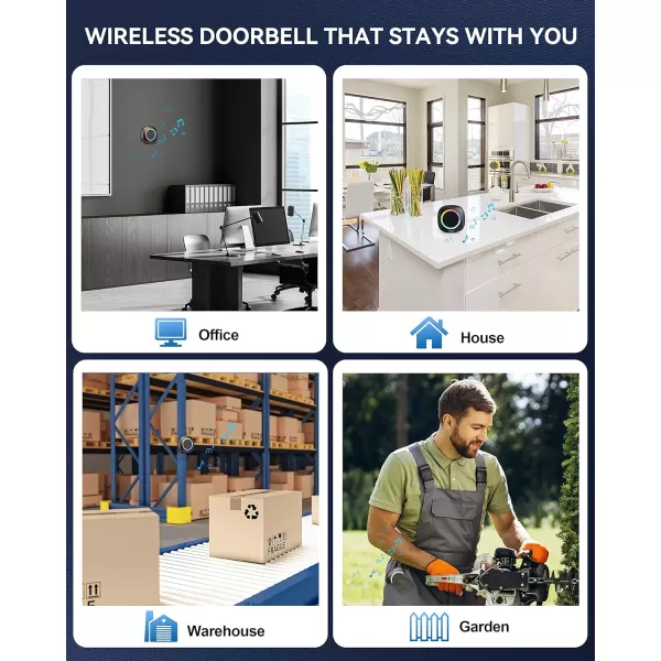 TECKNET Wireless Doorbell Portable Doorbell with RGB Light Battery Powered IP66 Waterproof Cordless Door Chime Kit 1300 ft Wireless Range 60 Chimes ampamp 5 Level Volume Using Time up to 45 Yearsblack