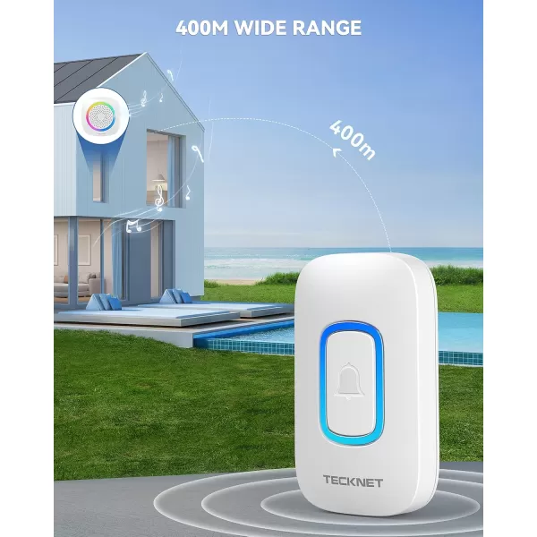 TECKNET Wireless Doorbell Portable Doorbell with RGB Light Battery Powered IP66 Waterproof Cordless Door Chime Kit 1300 ft Wireless Range 60 Chimes ampamp 5 Level Volume Using Time up to 45 Yearswhite