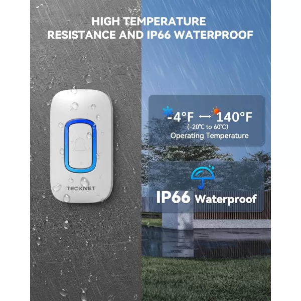 TECKNET Wireless Doorbell Portable Doorbell with RGB Light Battery Powered IP66 Waterproof Cordless Door Chime Kit 1300 ft Wireless Range 60 Chimes ampamp 5 Level Volume Using Time up to 45 Yearswhite