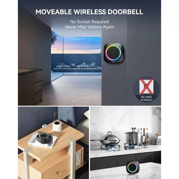 TECKNET Wireless Doorbell Portable Doorbell with RGB Light Battery Powered IP66 Waterproof Cordless Door Chime Kit 1300 ft Wireless Range 60 Chimes ampamp 5 Level Volume Using Time up to 45 Yearsblack