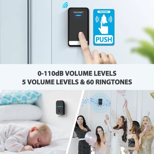 TECKNET Wireless Doorbell SelfPowered Doorbell 0110db Plugthrough Wireless Doorbell Ringer for Homes Classroom IP66 Waterproof 1300ft Door Chime with Extra Socket 60 Chimes LED Light WhiteBlack  1 Receiver
