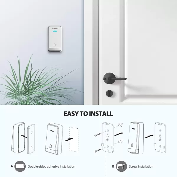 TECKNET Wireless Doorbell SelfPowered Doorbell 0110db Plugthrough Wireless Doorbell Ringer for Homes Classroom IP66 Waterproof 1300ft Door Chime with Extra Socket 60 Chimes LED Light WhiteWhite