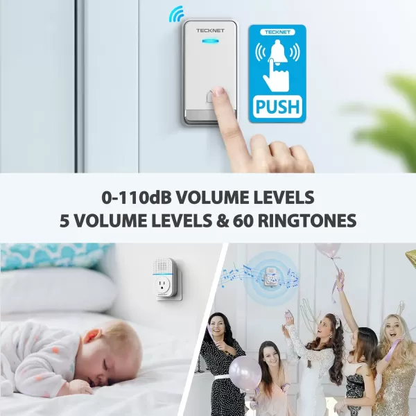 TECKNET Wireless Doorbell SelfPowered Doorbell 0110db Plugthrough Wireless Doorbell Ringer for Homes Classroom IP66 Waterproof 1300ft Door Chime with Extra Socket 60 Chimes LED Light WhiteWhite