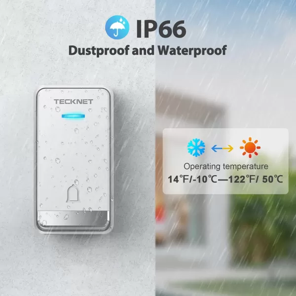 TECKNET Wireless Doorbell SelfPowered Doorbell 0110db Plugthrough Wireless Doorbell Ringer for Homes Classroom IP66 Waterproof 1300ft Door Chime with Extra Socket 60 Chimes LED Light WhiteWhite