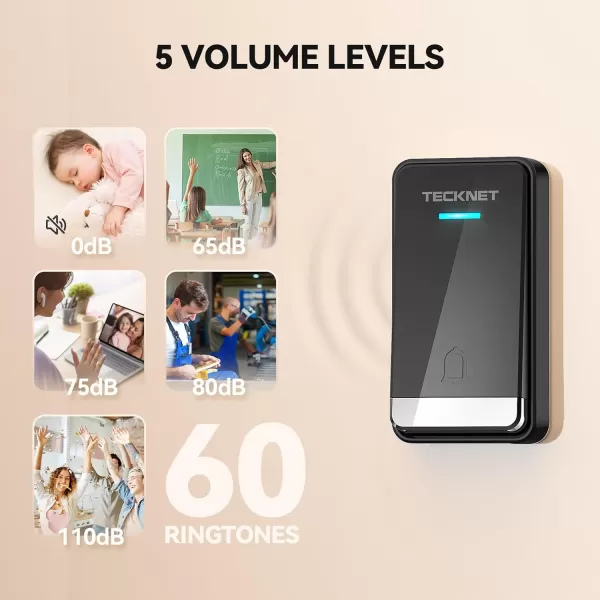 TECKNET Wireless Doorbell SelfPowered Doorbell 0110db Plugthrough Wireless Doorbell Ringer for Homes Classroom IP66 Waterproof 1300ft Door Chime with Extra Socket 60 Chimes LED Light WhiteBlack