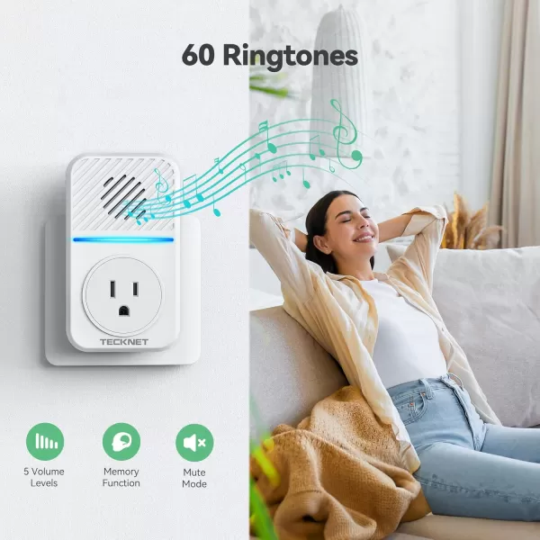 TECKNET Wireless Doorbell SelfPowered Doorbell with 2 USB Ports IP65 Waterproof Door Bells Cordless Door Chime Kit with 60 Chimes 5 Adjustable Volume and 1300Ft Range for Home Classroom OfficeWhite