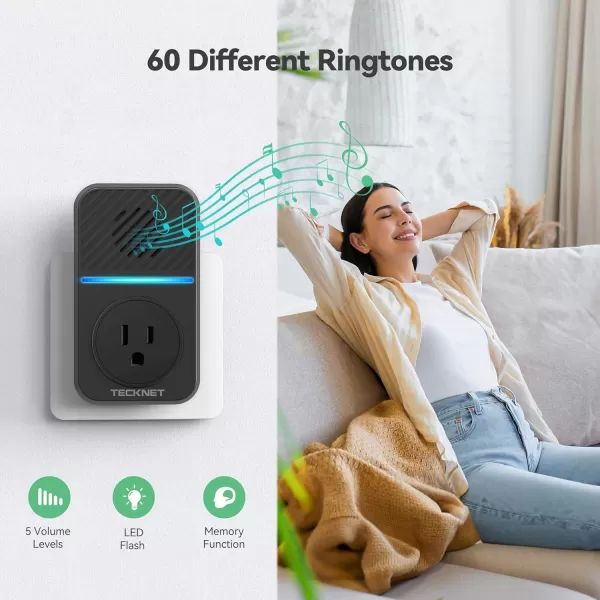 TECKNET Wireless Doorbell SelfPowered Doorbell with 2 USB Ports IP65 Waterproof Door Bells Cordless Door Chime Kit with 60 Chimes 5 Adjustable Volume and 1300Ft Range for Home Classroom OfficeBlack