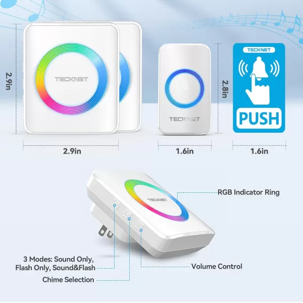 TECKNET Wireless Doorbell with 2 PlugIn Receivers IP65 Waterproof Doorbells for home 1300Ft Operating Range 60 Optional Melodies ampamp 5 Adjustment Volume Levels of 0120 dB RGB WhiteRGB White