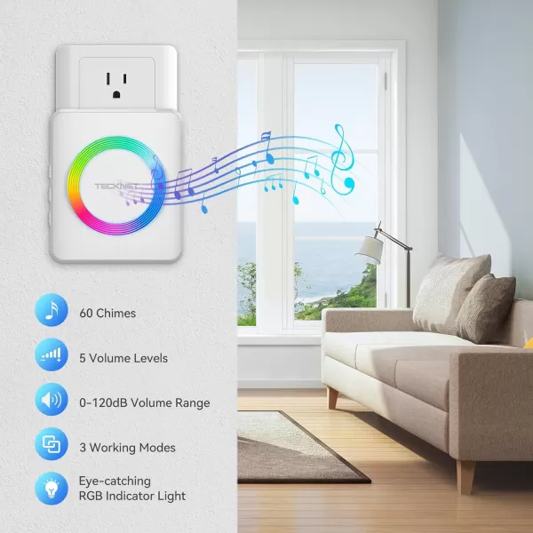 TECKNET Wireless Doorbell with 2 PlugIn Receivers IP65 Waterproof Doorbells for home 1300Ft Operating Range 60 Optional Melodies ampamp 5 Adjustment Volume Levels of 0120 dB RGB WhiteRGB White